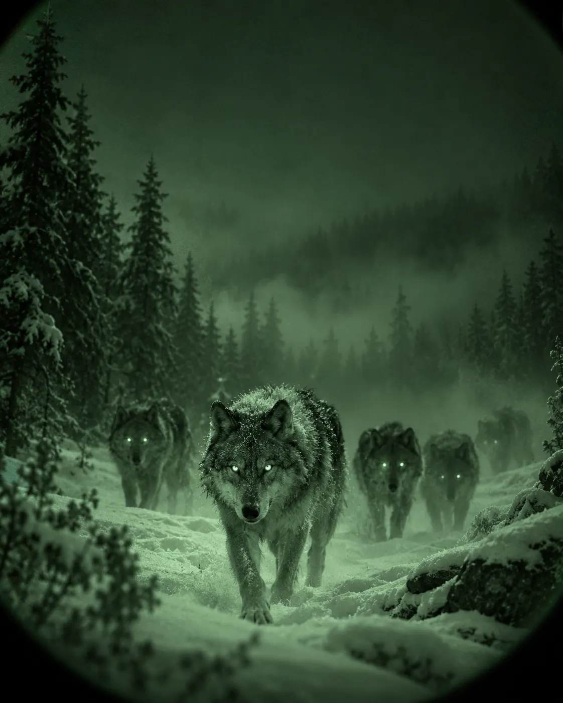 Wolf pack moving through a snowy forest in night vision