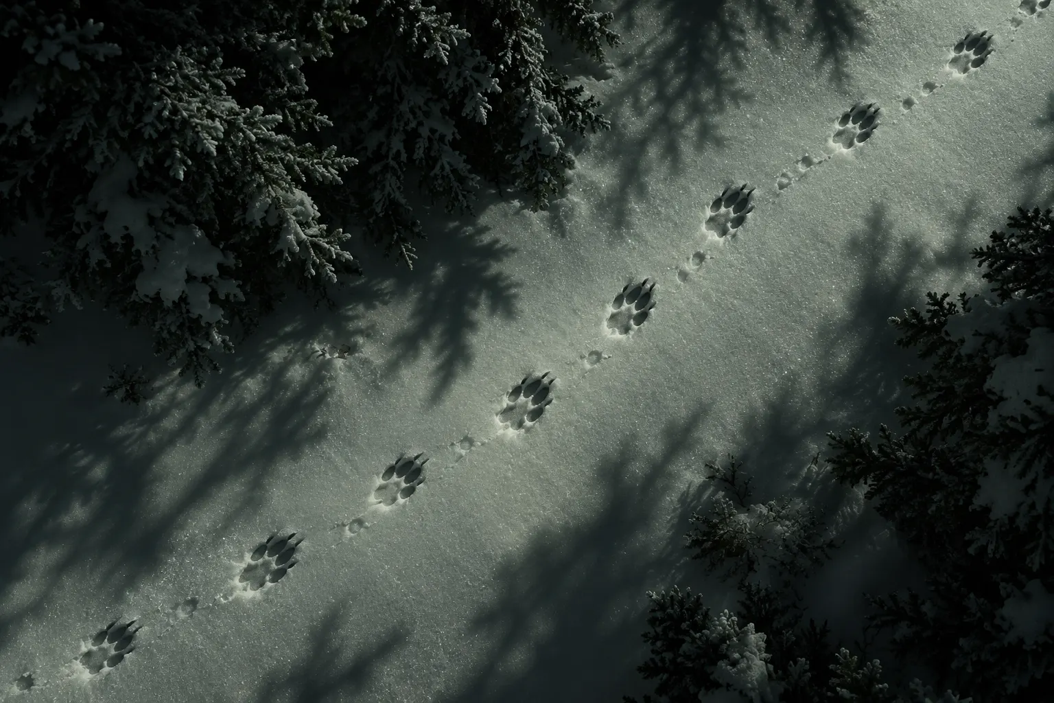 Wolf tracks crossing snow between pine trees